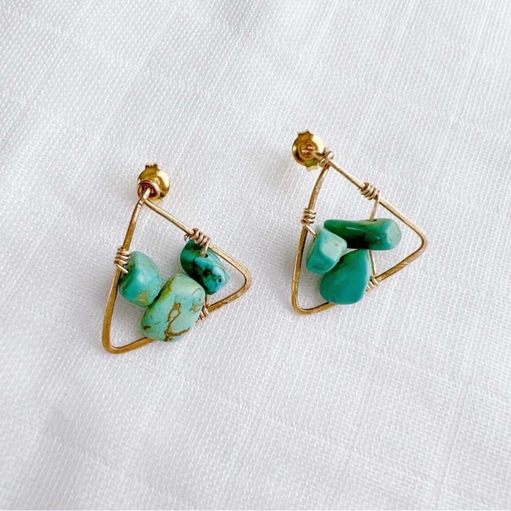 Triangle Wire Green Stone Earrings